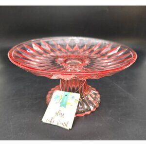 Pink Glass Cake Stand With Intricate Geometric Pattern Elevates Desserts DH1401